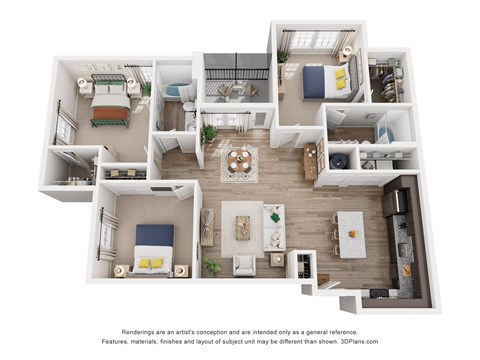 Floor plan for 3 beds, 2 baths, 1389 sqft